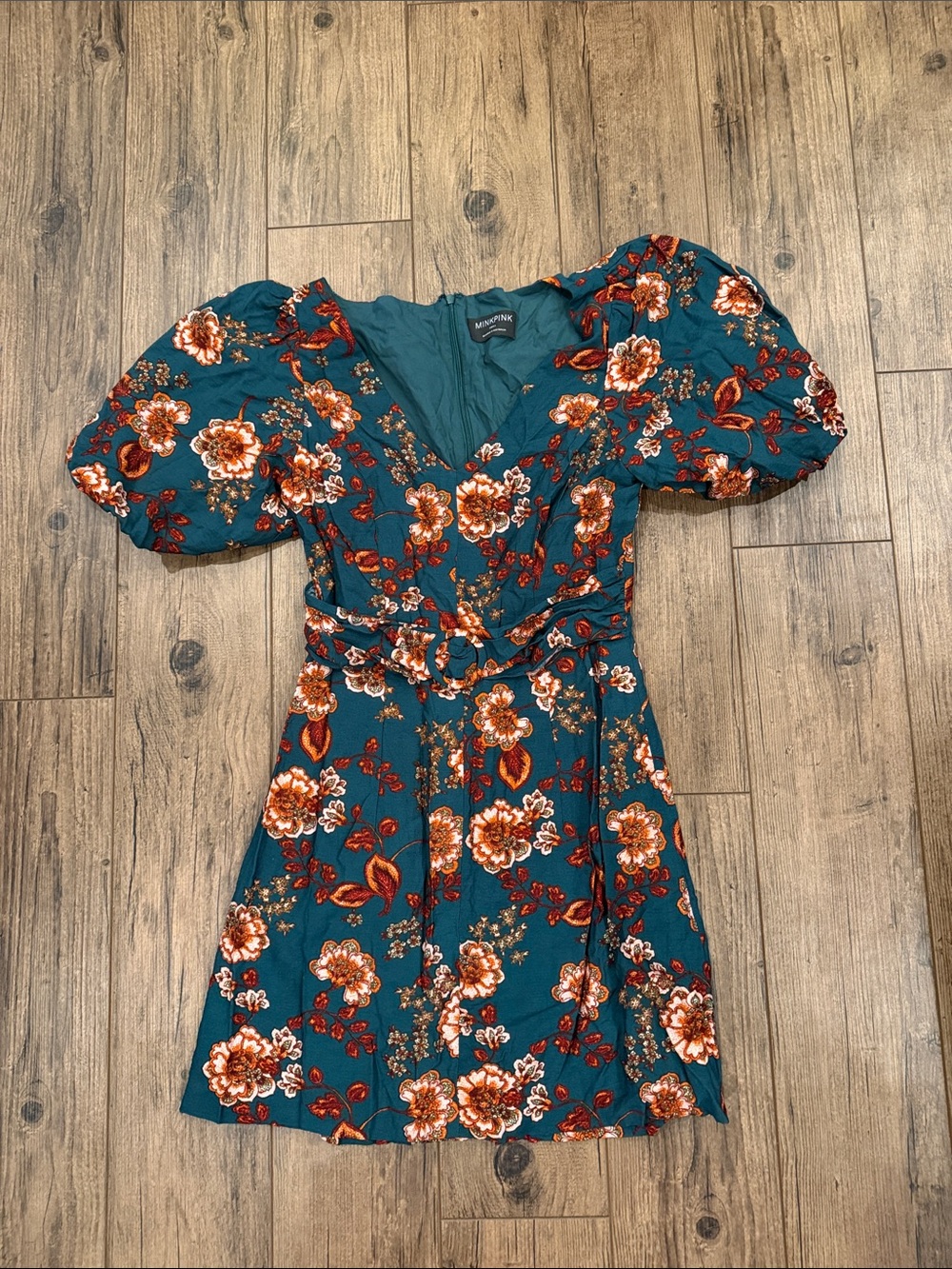 MINKPINK Teal Floral Puff-Sleeve Mini Dress with Rust Blooms